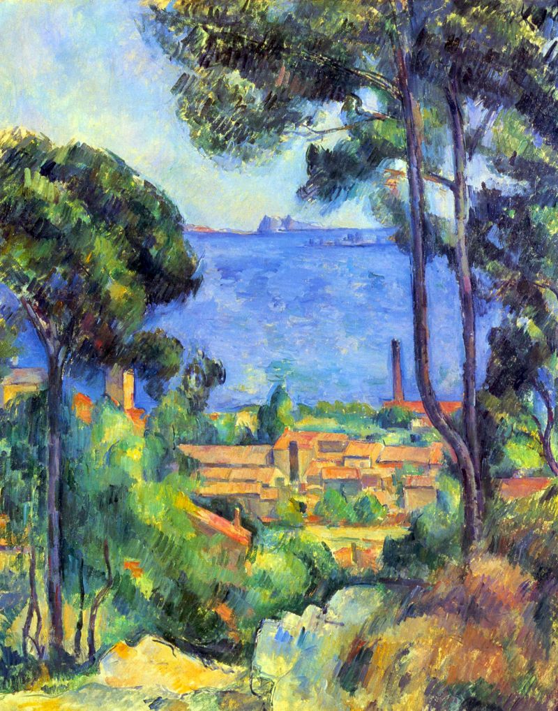 A painting featuring a landscape with trees in the foreground and a view of buildings and a body of water in the background, indicative of Cezanne's style.