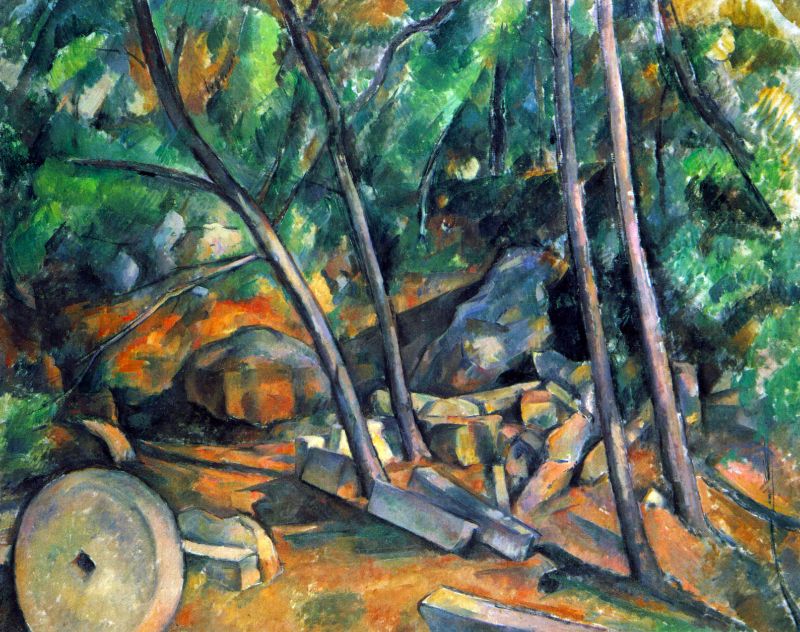 A painting featuring a landscape with trees and rocks, predominantly in shades of green, grey, and orange.