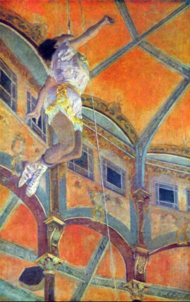 A painting featuring a circus performer, Miss Lala, in a vibrant circus setting, with a mix of blue, brown, and orange tones.