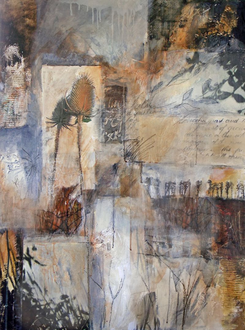 A mixed media nature painting featuring a collage of different elements including a palm tree, leaves, and abstract patterns in a vibrant color palette.