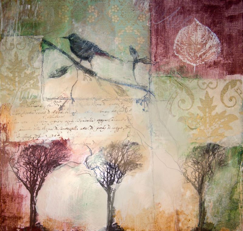 A mixed media painting featuring a bird among trees and leaves on a background with a textured, vintage-like quality.