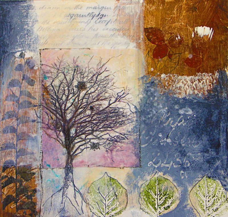 A piece of mixed media artwork featuring a collage of different elements including a tree, leaves, and abstract patterns in shades of blue, brown, and white.