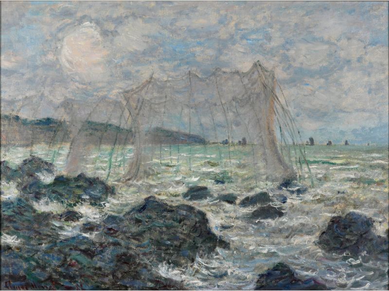 A painting featuring fishing nets by Claude Monet, depicting a vivid scene with blue tones and dynamic brush strokes.