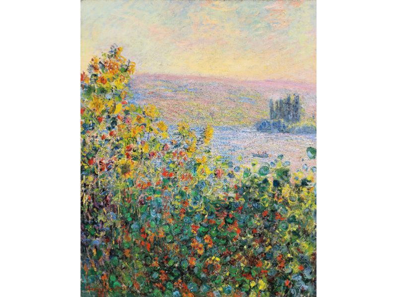 A painting featuring vibrant flower beds with a mix of yellow, red, and green hues, set against a softer blue and yellow background suggestive of a landscape.