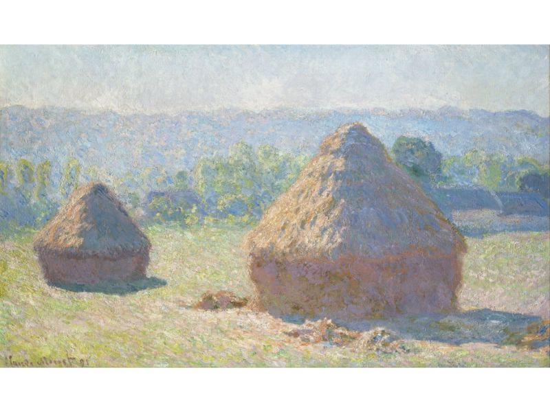 A digital reproduction of Claude Monet's painting 'Haystacks, end of summer', featuring two haystacks in an field with a blue sky in the background.