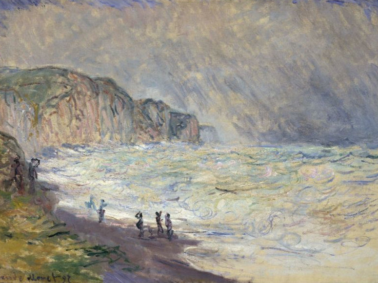 A painting featuring a coastal scene with figures on the shore and a turbulent sea, in the style of Impressionism.