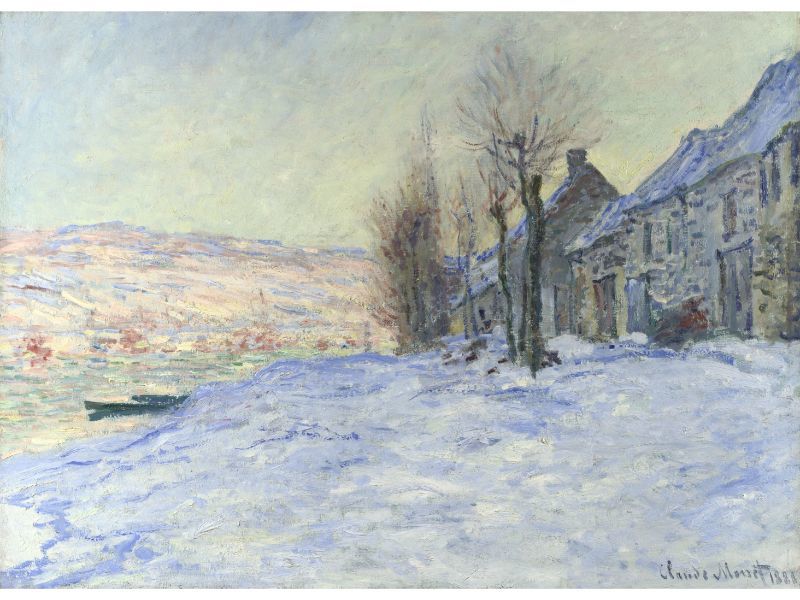 A painting by Claude Monet, depicting a snowy landscape with buildings and a tree in the foreground, and a body of water and hills in the background.