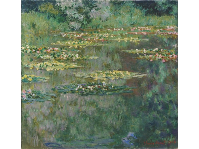A painting featuring a pond with water lilies, reflecting greenery and a partly cloudy sky.