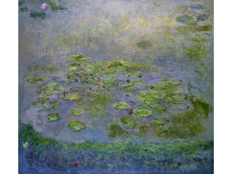 A painting featuring a pond with waterlilies, predominantly in shades of green and blue, characteristic of Claude Monet's work.