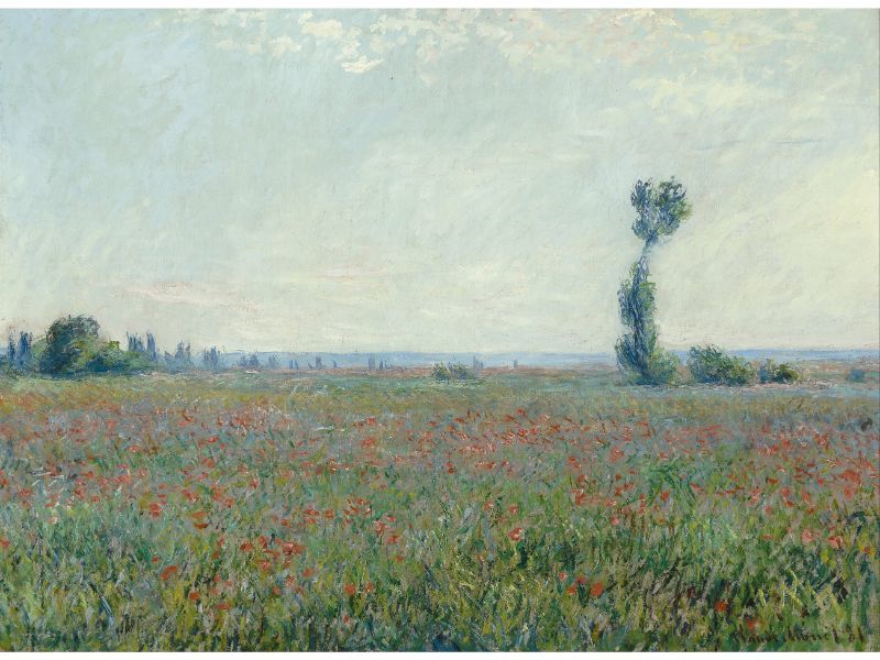 A painting featuring a field with red poppy flowers, predominantly green with hints of blue and white, characteristic of Claude Monet's style.