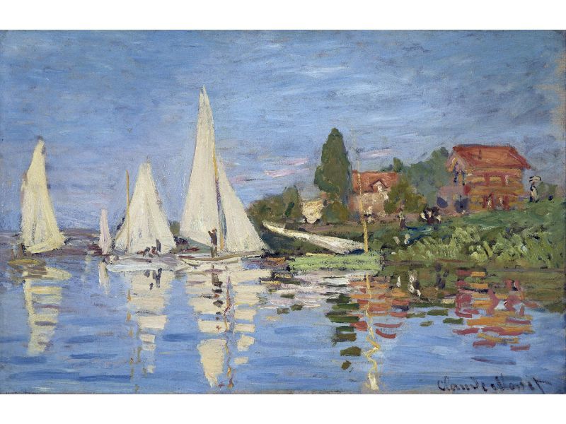 A painting by Claude Monet, depicting sailboats on a river with buildings and trees in the background, rendered with loose, expressive brushstrokes in various shades of blue, green, white, and other colors.