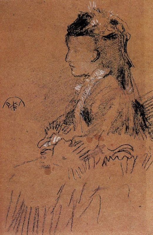 A sketch by Whistler, depicting a seated woman, primarily in black and white with some brown tones.