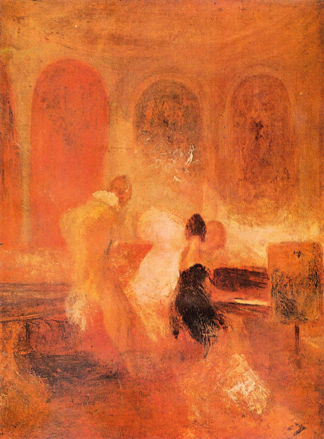 A painting featuring figures in a castle setting, predominantly in shades of orange and white, with a sense of motion and emotion.
