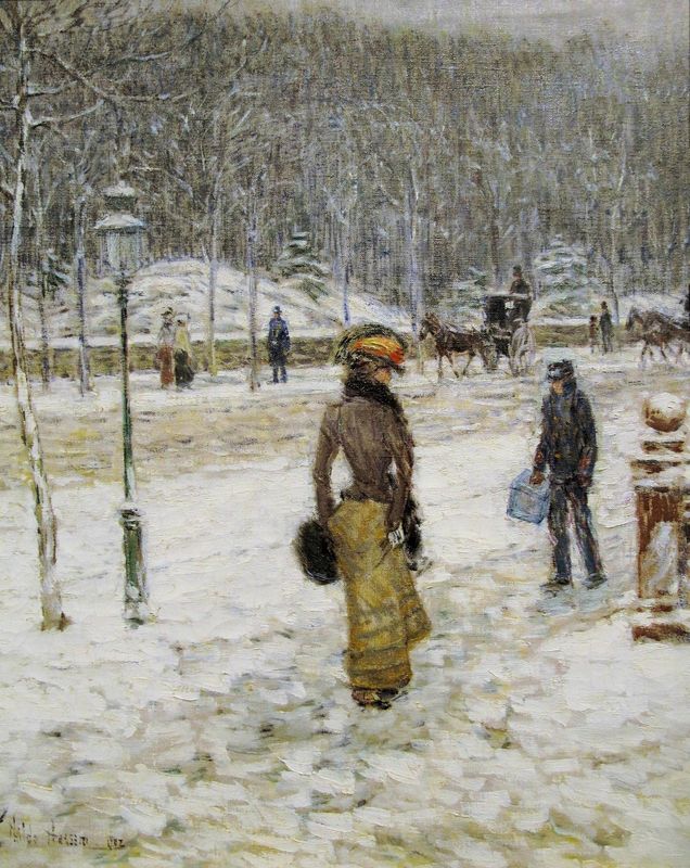 A painting depicting a winter scene of people on a snowy street with horses and a horse carriage, titled 'New York Street' by Childe Hassam.
