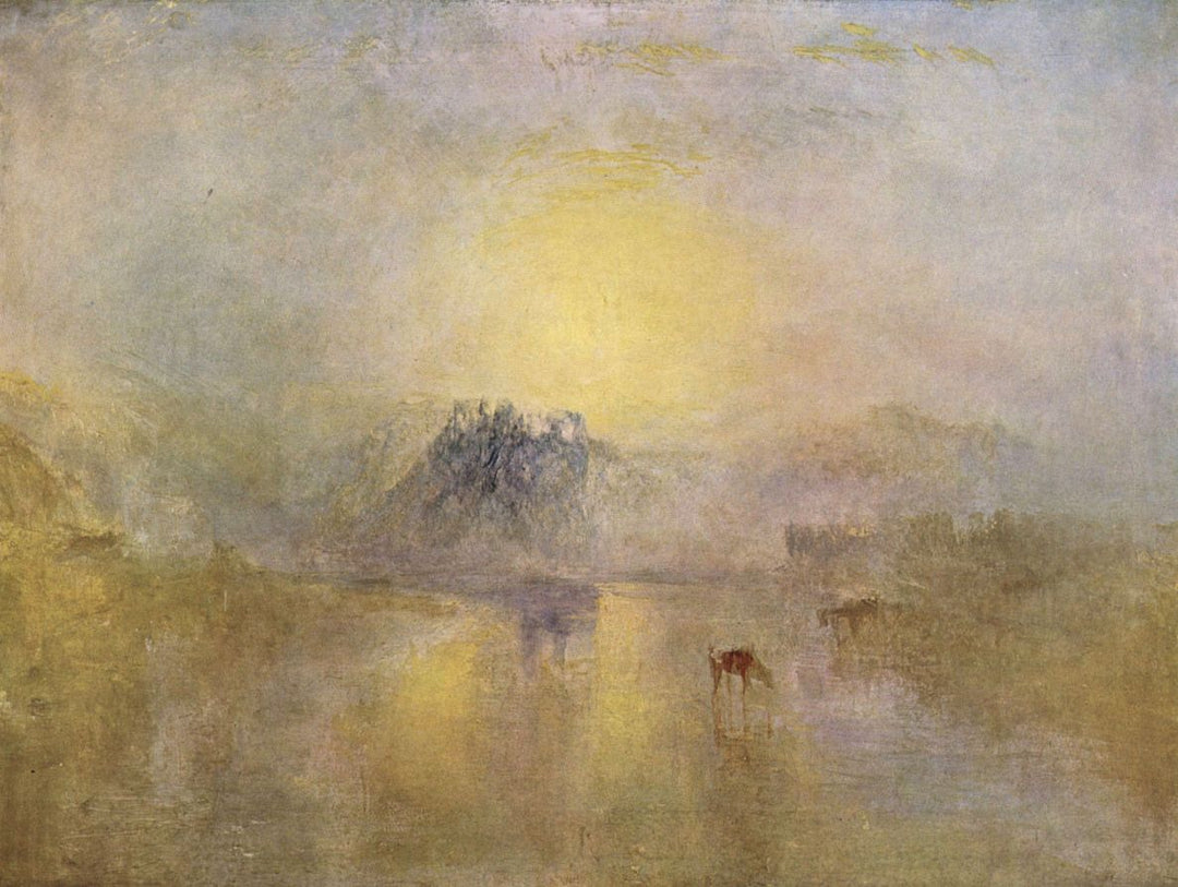 A painting titled 'Norham Castle' by Joseph Mallord Turner, featuring a misty landscape with a castle and hints of animals in the distance.