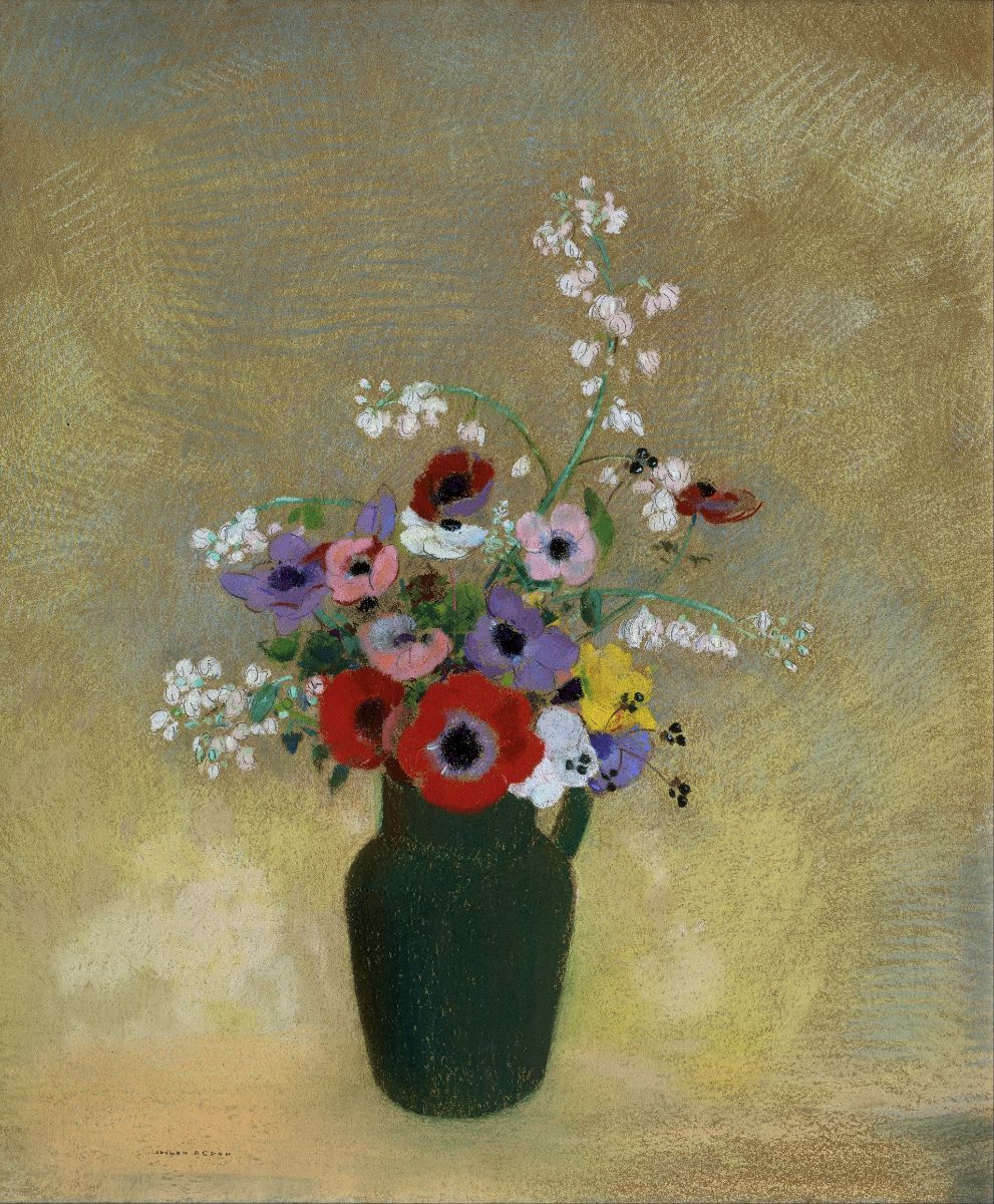 A painting of a large green vase with a variety of flowers, including red and purple flowers and green foliage, on a yellow background.