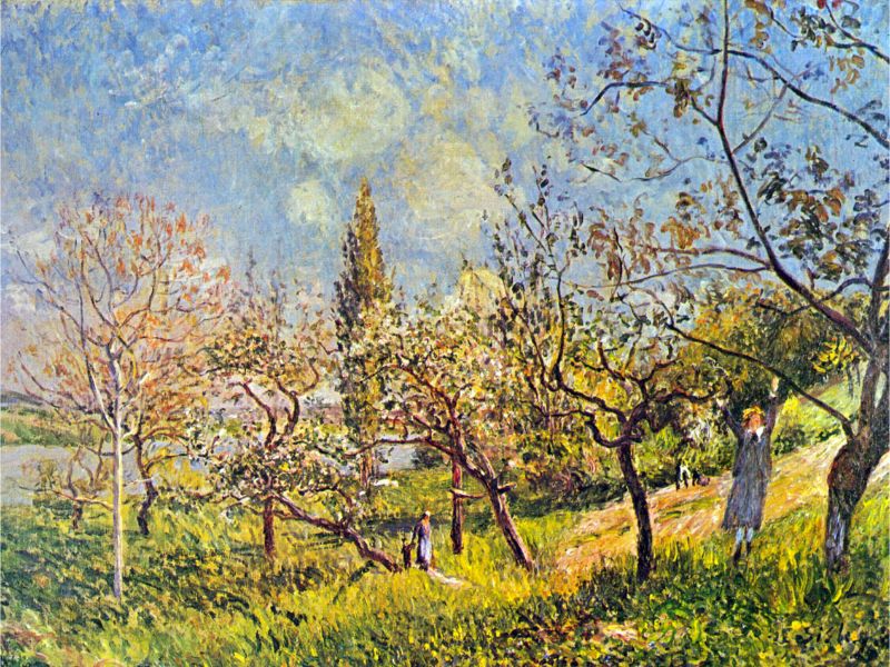 A painting featuring an orchard in spring with trees, grass, and a few people depicted in a impressionistic style with a predominance of green, yellow, and blue colors.