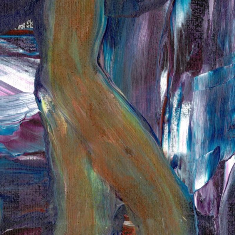 An abstract painting featuring a blend of blue, brown, and purple colors with a modern geometric style.