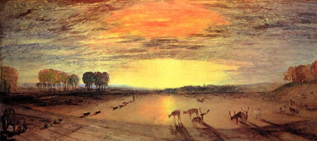 Sunset over a serene park with vibrant orange and yellow sky. Silhouetted deer and trees dot the landscape, creating a peaceful, natural scene.
