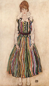 Egon Schiele - Portrait of Edith Schiele in a Striped Dress by Schiele