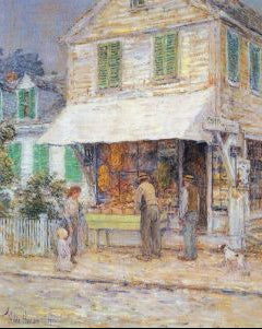 A painting featuring a provincial town scene with people gathered in front of a store, predominantly in black, blue, brown, green, and white colors.