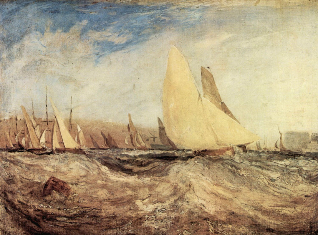 A painting depicting a regatta with multiple sailboats on water, with a stylized and expressionistic use of color.
