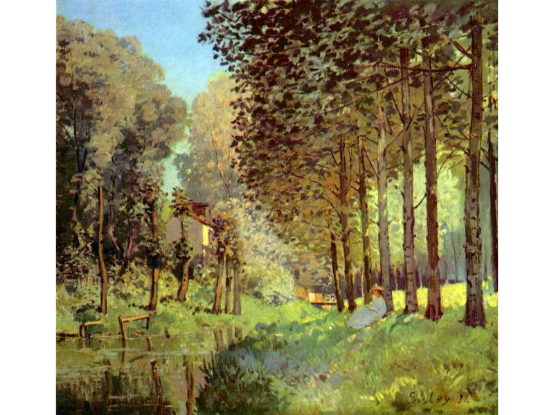 A painting featuring a restful scene on the river bank with trees, grass, and a calm waterway, in a impressionistic style.