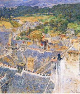 A section of an art print showing a detailed depiction of roof tops with trees and hills in the background, indicative of Impressionist style.