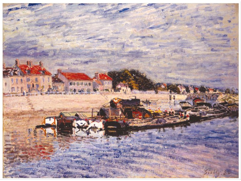 A painting featuring barges on a river with buildings in the background, predominantly in black, blue, white, and red colors, indicative of the Impressionism style.
