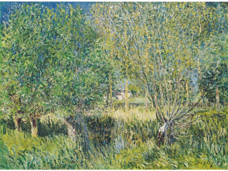 A painting featuring a landscape with trees and a body of water, indicative of the Impressionist style.
