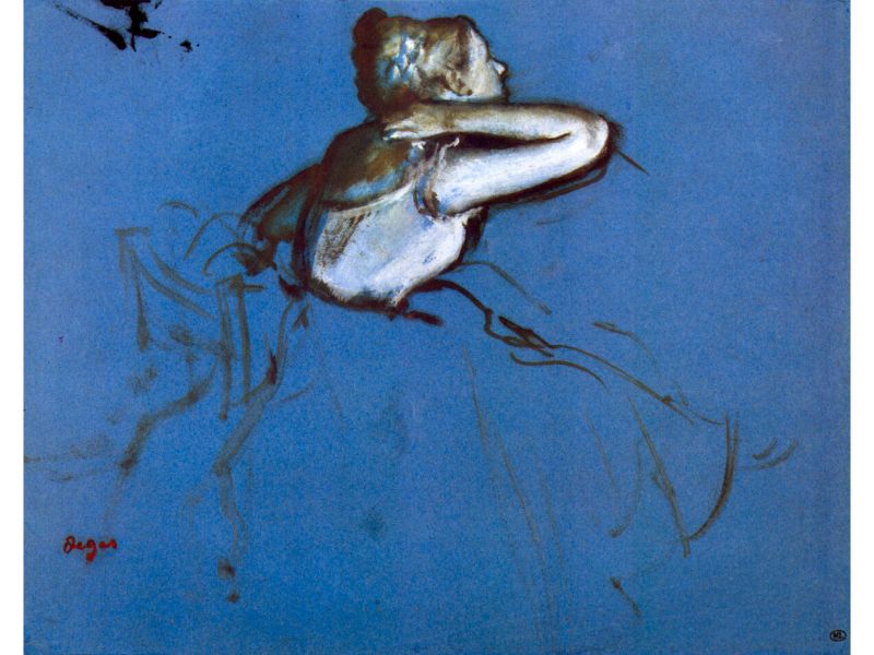 A artwork featuring a sitting dancer in profile with her hand on her neck, predominantly in shades of blue, black, and white, consistent with Edgar Degas' style.