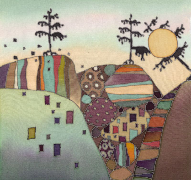 An abstract artwork featuring a colorful Scandinavian landscape with hills, trees, and a sun.