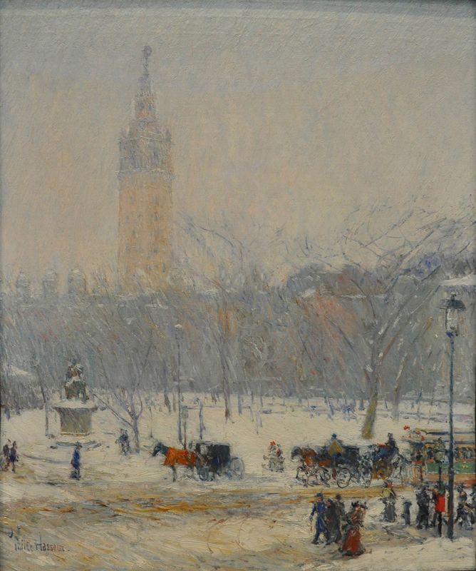 A painting featuring a winter scene with people, horses, and a horse carriage in a snowy Madison Square. There are bare trees, a statue, and the New York City skyline in the background.