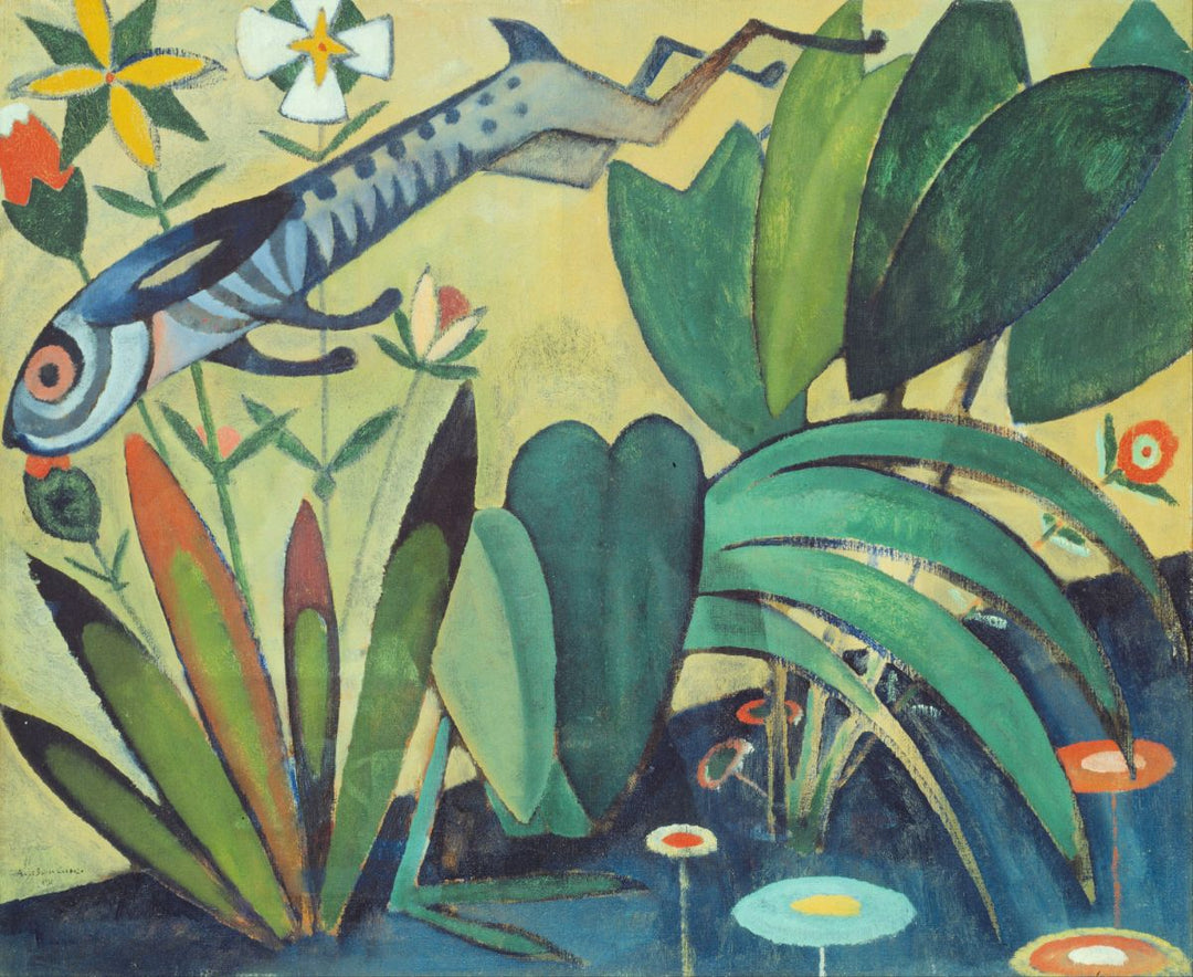 A colorful artwork featuring an abstract rabbit with green and blue colors, surrounded by various plants and a vibrant red and yellow background.