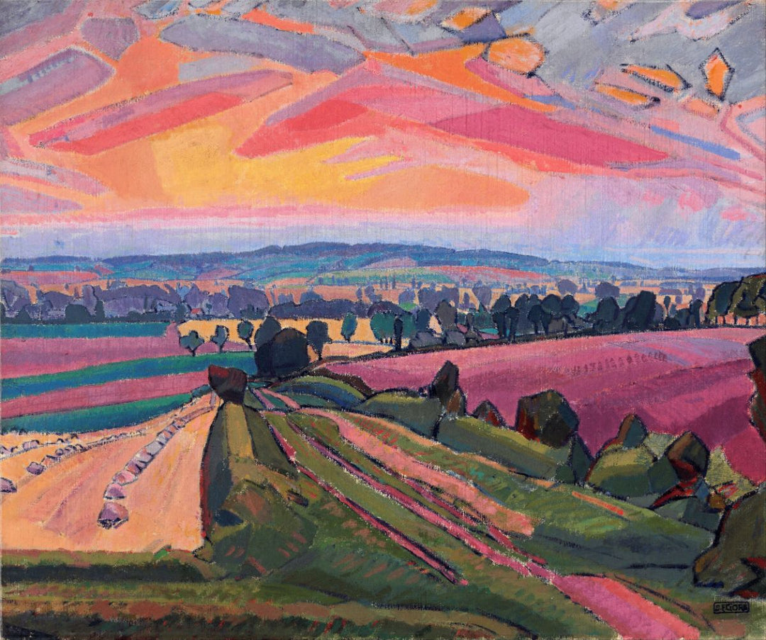 A vibrant painting of a landscape with a warm pink and purple sky over a field, with trees and a distant hills.
