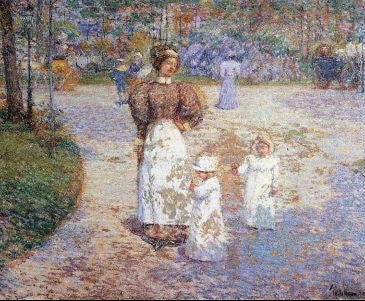 A painting featuring a scene of people in Victorian-era clothing walking in a park. There are trees, a pathway, and buildings in the background.