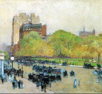 A painting featuring a cityscape with trees, buildings, and people, indicative of the impressionism style.