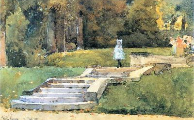 A painting featuring a staircase with trees and a figure in a white dress in the background.