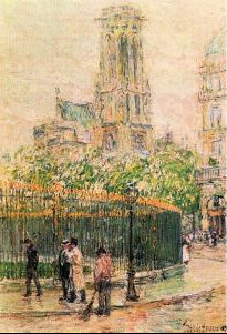 A framed artwork depicting a city street scene with people, buildings, and a prominent cathedral in the background. The color palette includes black, green, pink, tan, and white.