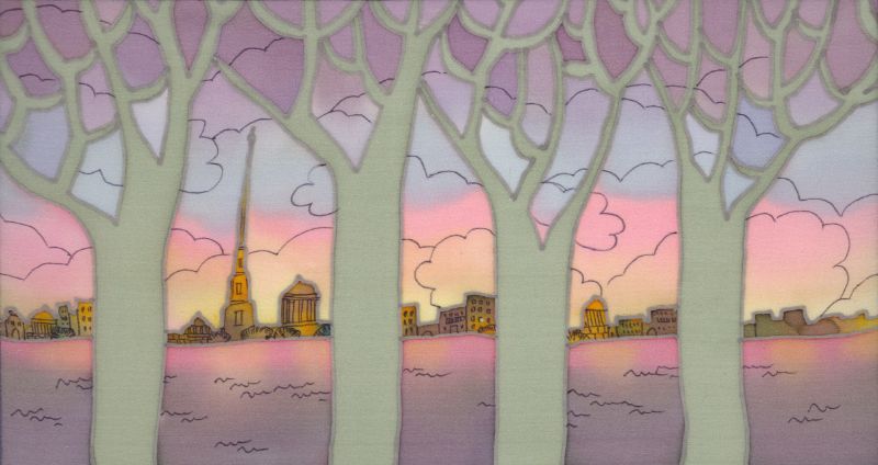 A vibrant painting featuring a cityscape with trees and a sunset skyline.
