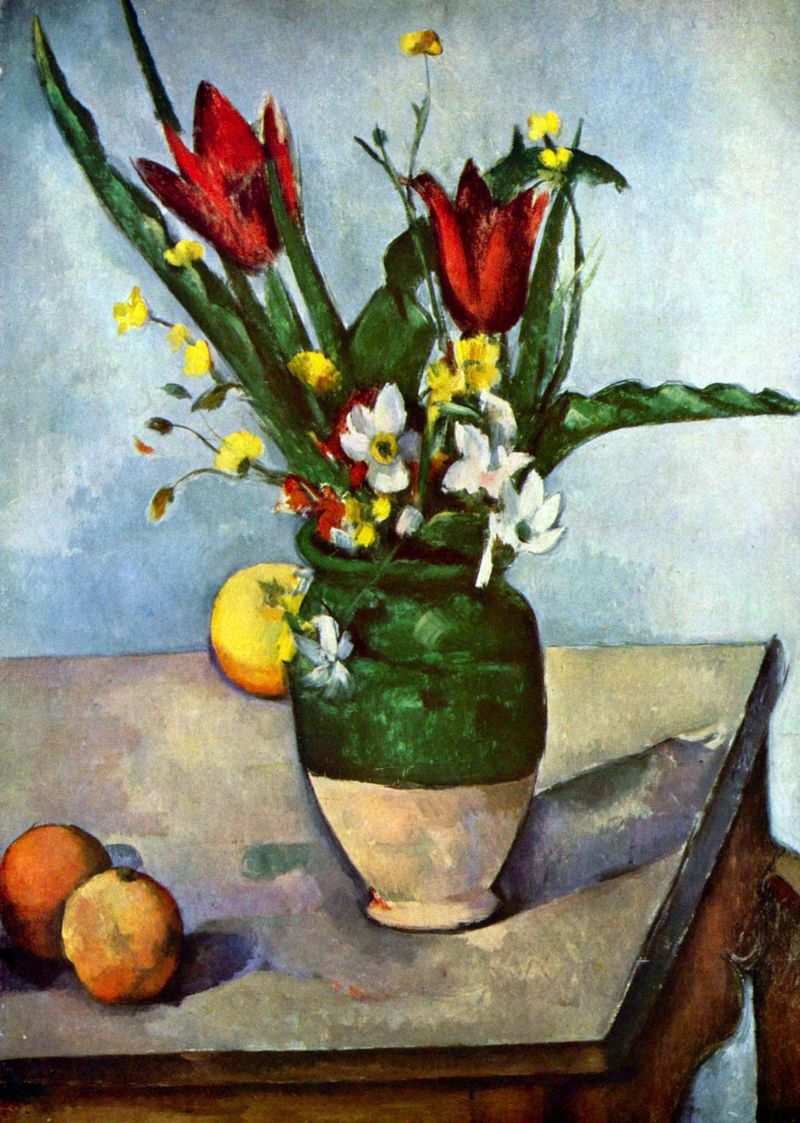 A painting featuring a still life composition with a vase of tulips and apples on a table, with oranges beside the vase. The artwork captures the essence of impressionism with vibrant colors.