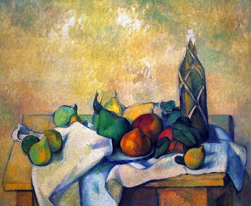 A painting featuring a still life composition with a variety of fruits, a jar, and a cloth on a table, with a neutral backdrop.