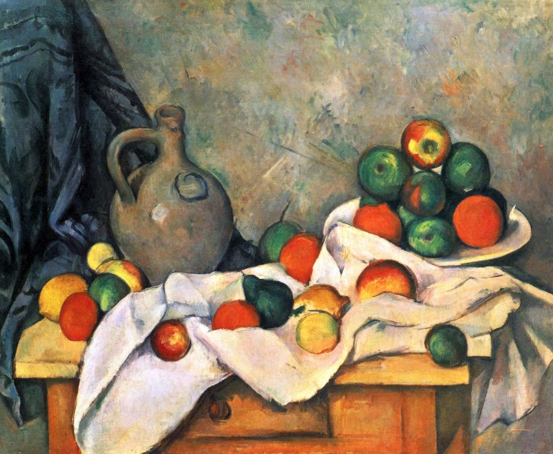 Cezanne - Still life, drapery, pitcher and fruit bowl