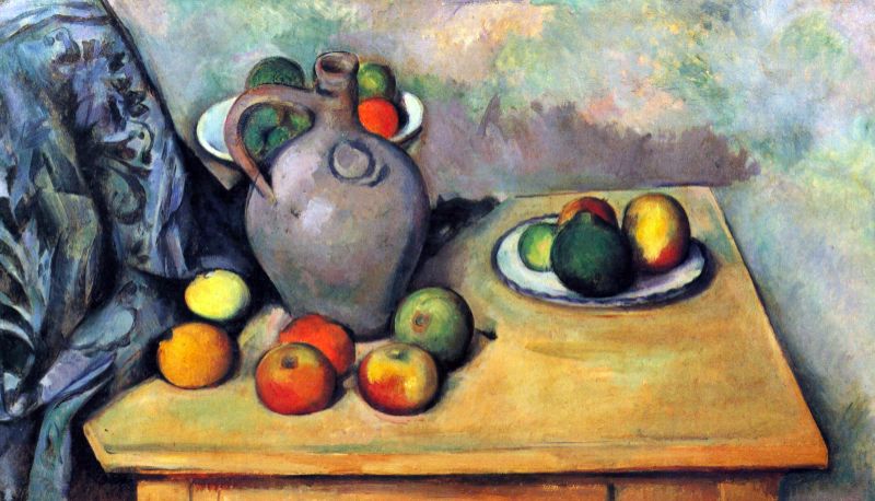 A digital reproduction of Paul Cezanne's painting 'Still life, pitcher and fruit on a table' featuring a pitcher, apples, oranges, and pears arranged on a table.