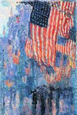 A framed artwork depicting a street scene with an American flag hanging on the wall, rainy atmosphere.