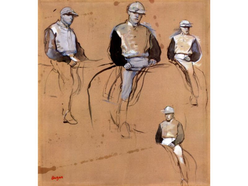 A artwork featuring a study with four jockeys, primarily in brown tones with white accents, typical of Edgar Degas' work.