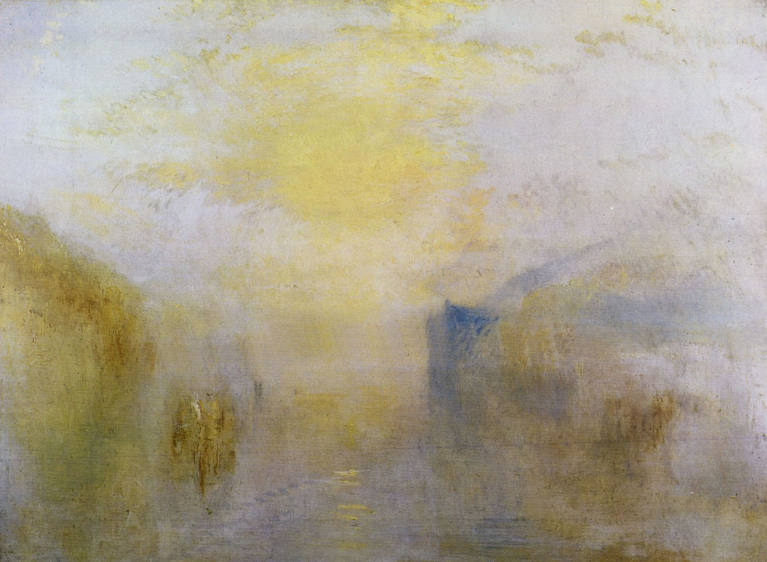 A painting of a sunrise scene with a boat between headlands, exhibiting abstract and expressionist qualities.