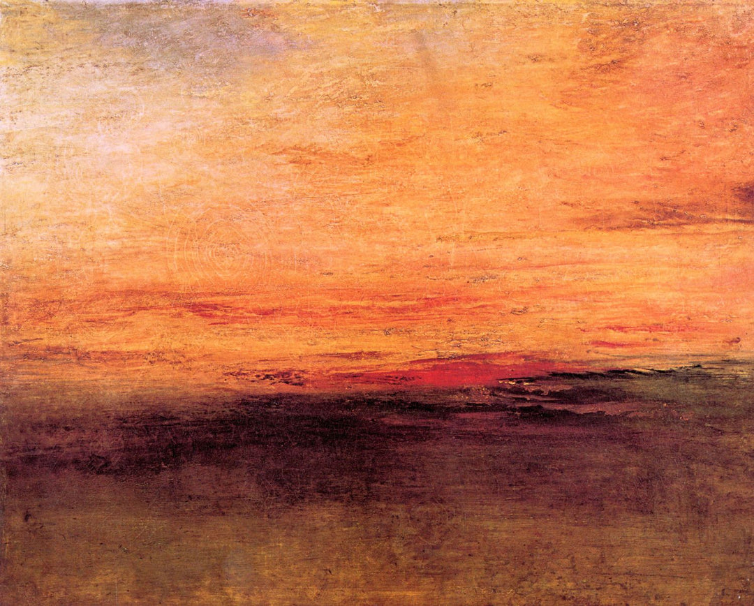 This image features a beautifully painted sunset scene by the renowned artist Joseph Mallord Turner. The artwork captures the essence of adramatic sundown with intense orange and red hues blending seamlessly into the darker contours of the landscape.