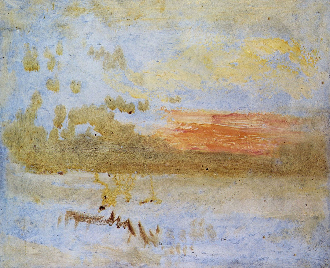 This image features a beautifully delicate artwork titled "Sunset Seen from a Beach with Breakwater" by Joseph Mallord Turner. The painting captures the essence of a sunset over a serene beachscape, highlighted by the soft outlines of a breakwater.