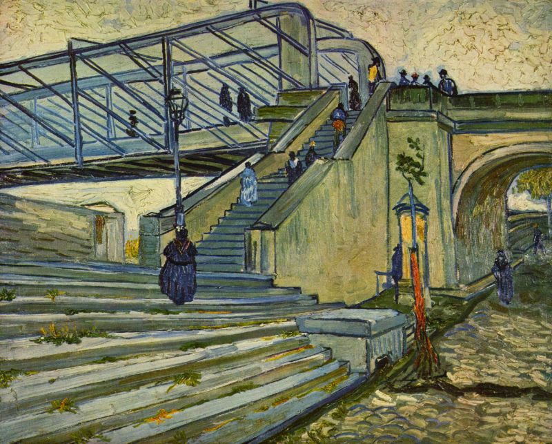 A printed wall art featuring 'The Bridge at Trinquetaille' by Van Gogh with a bridge and a stairway in an impressionistic style.
